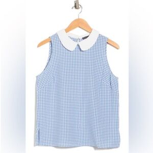 NWT Adrianna Papell Sleeveless Peter Pan Crinkle Gingham Shirt Blue White Sz M
